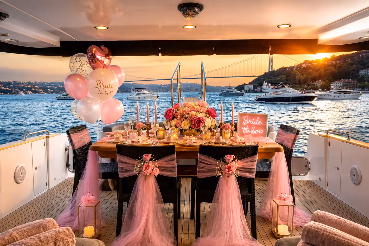 Bride to Be Premium konsepti balon, masa ve backdrop dekorasyon detayları