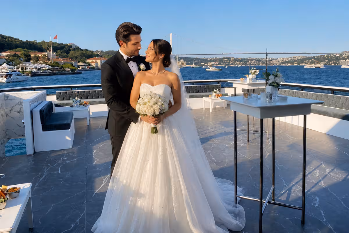 Düğün çifti İstanbul Boğazı manzarası önünde tekne güvertesinde