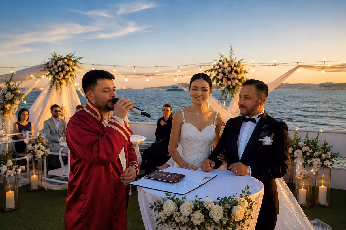İstanbul Boğazı'nda teknede resmi nikah töreni, nikah memuru ve çift