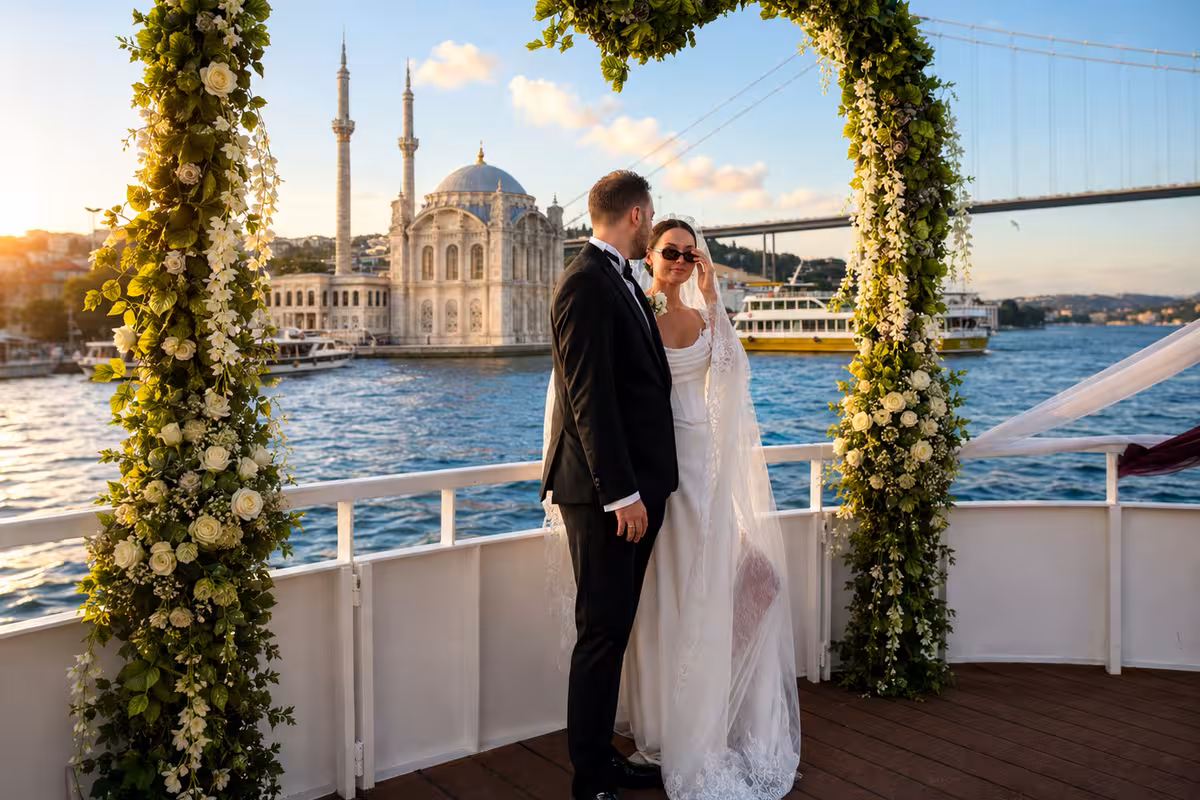 Ortaköy Camii ve Boğaz Köprüsü arka planında teknede düğün organizasyonu